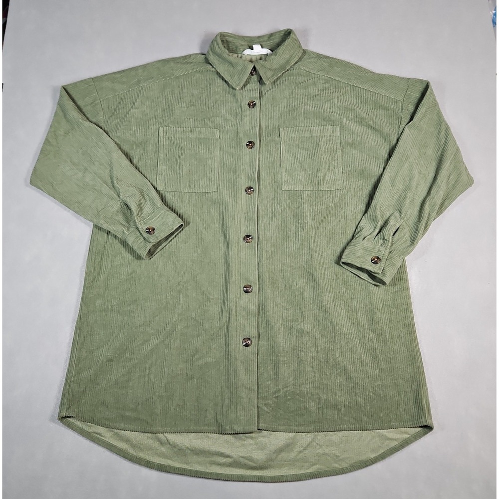 Blue Blossom Womens Green Corduroy Button Up Shacket Shirt Jacket Size Medium